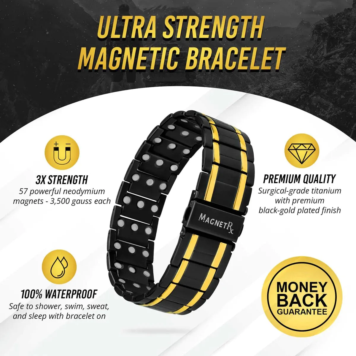 3x Strength Titanium Magnetic Bracelet for Men (Black & Gold)