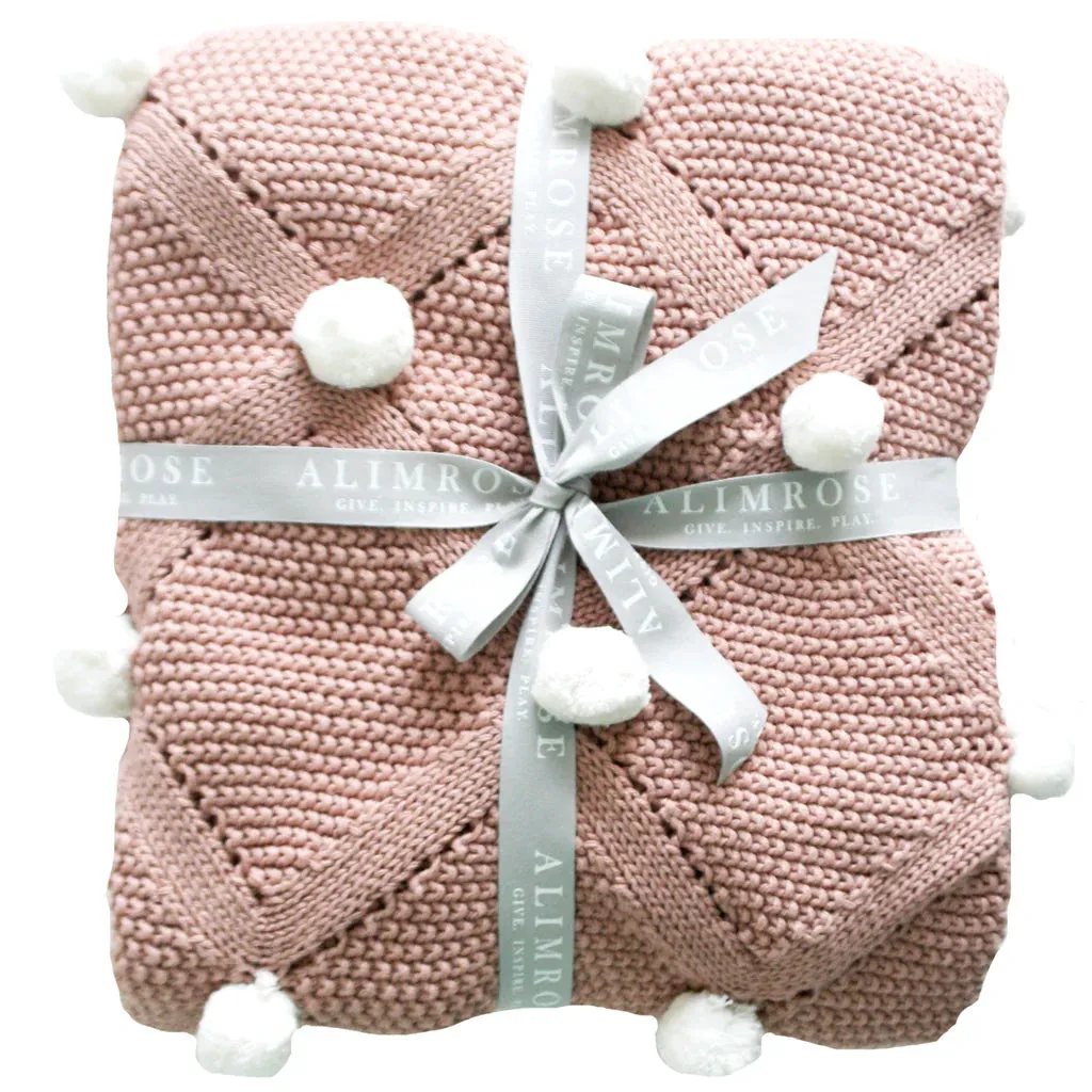 Alimrose Blossom & Ivory Pom Pom Baby Blanket & Bonus Emma Heart Rattle