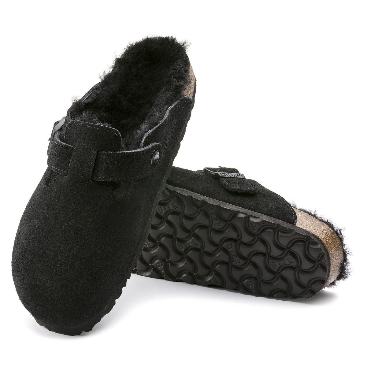 Birkenstock Boston Suede Leather Shearling Black Clogs