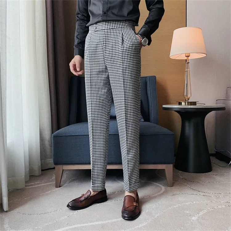 Business Casual Mid Waist Full-Length Grid Straight Pants for Men