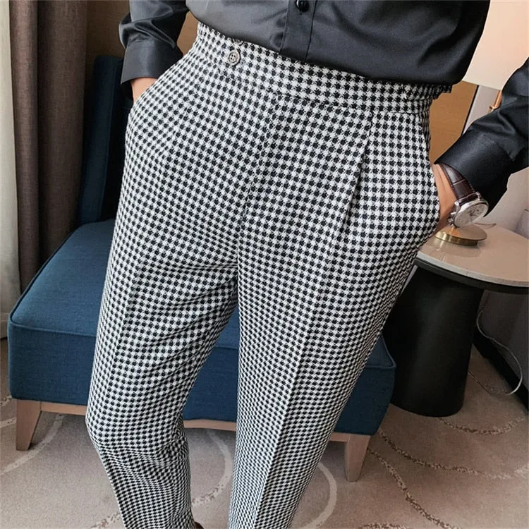 Business Casual Mid Waist Full-Length Grid Straight Pants for Men