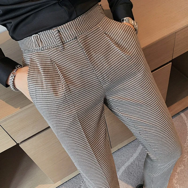 Business Casual Mid Waist Full-Length Grid Straight Pants for Men