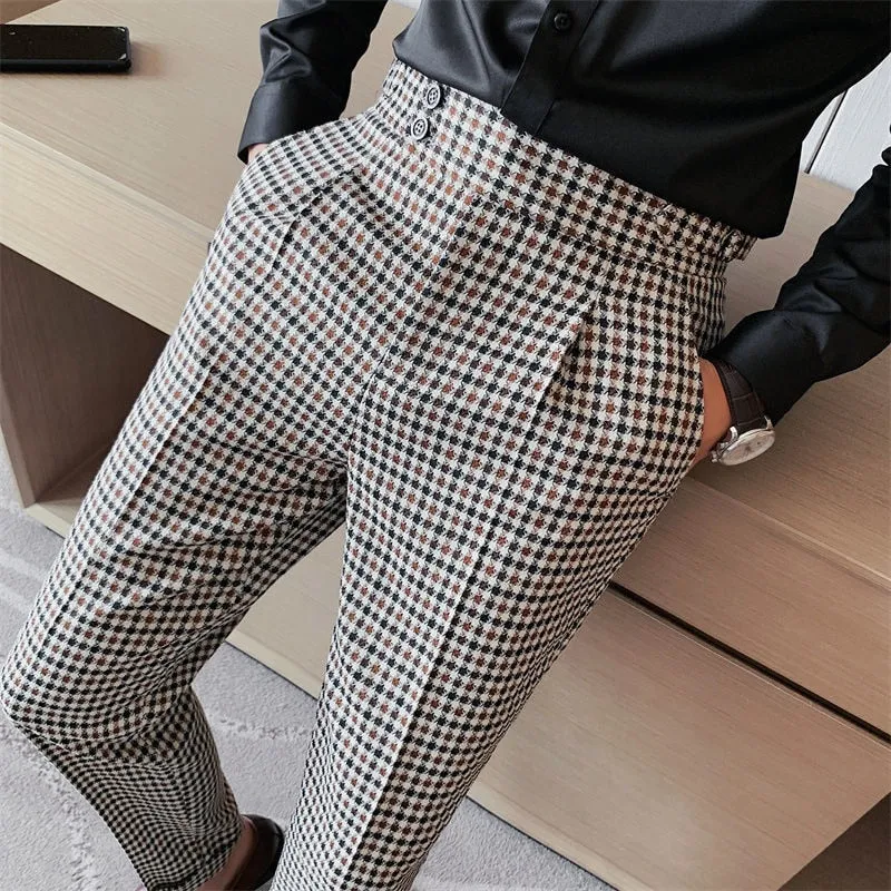 Business Casual Mid Waist Full-Length Grid Straight Pants for Men