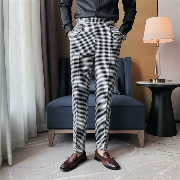 Business Casual Mid Waist Full-Length Grid Straight Pants for Men