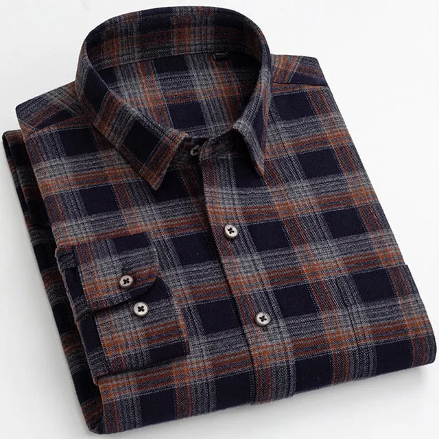 Cotton Plaid Striped Standard-fit Long-sleeve Flannel Shirt for Men