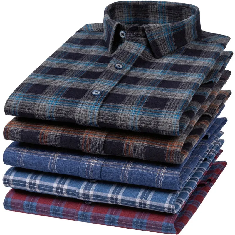 Cotton Plaid Striped Standard-fit Long-sleeve Flannel Shirt for Men