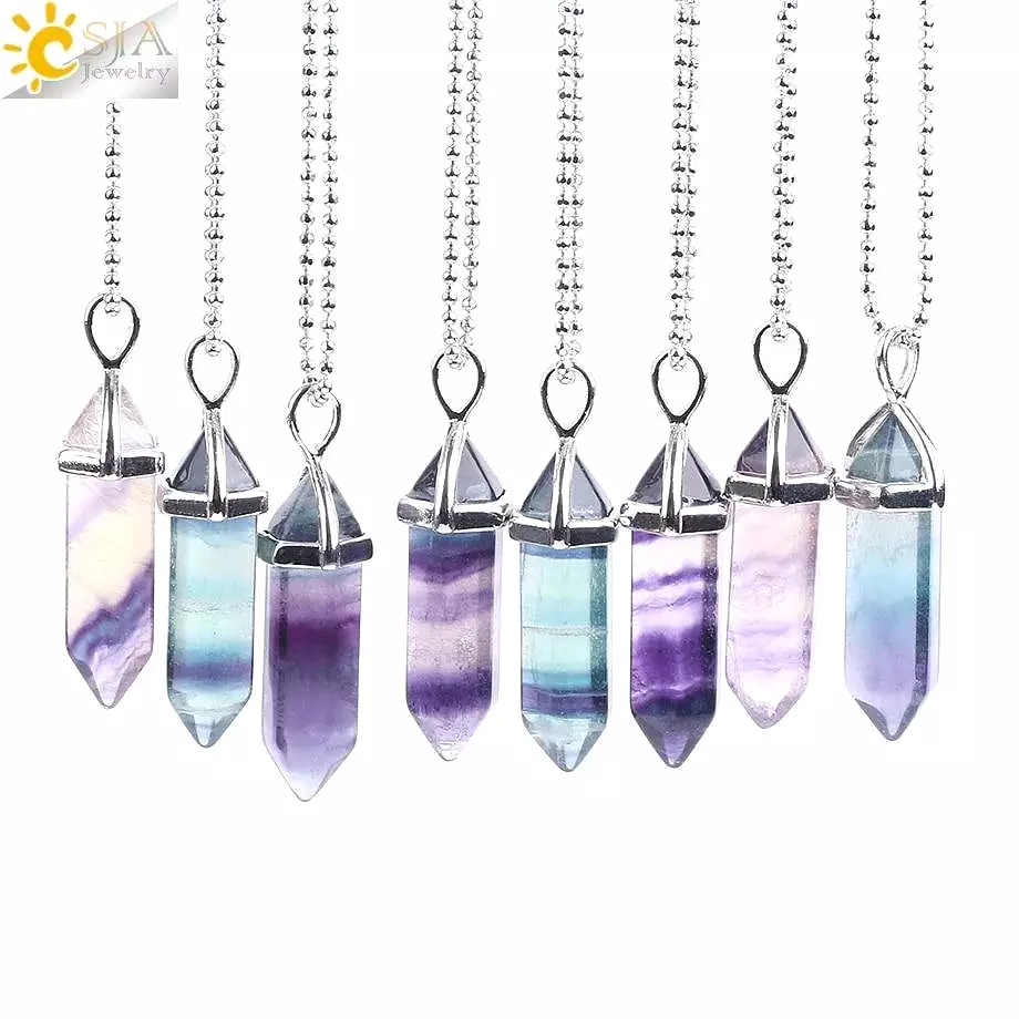 CSJA Fluorite Necklaces Crystal Pendants Suspension Natural Gem Stone Quartz Bullet Hexagonal Pendulum Reiki Chakra pendulo E546