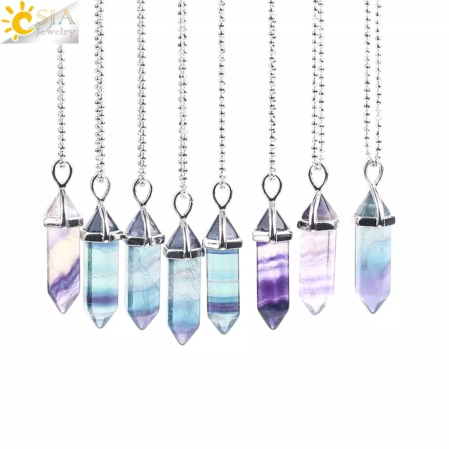 CSJA Fluorite Necklaces Crystal Pendants Suspension Natural Gem Stone Quartz Bullet Hexagonal Pendulum Reiki Chakra pendulo E546