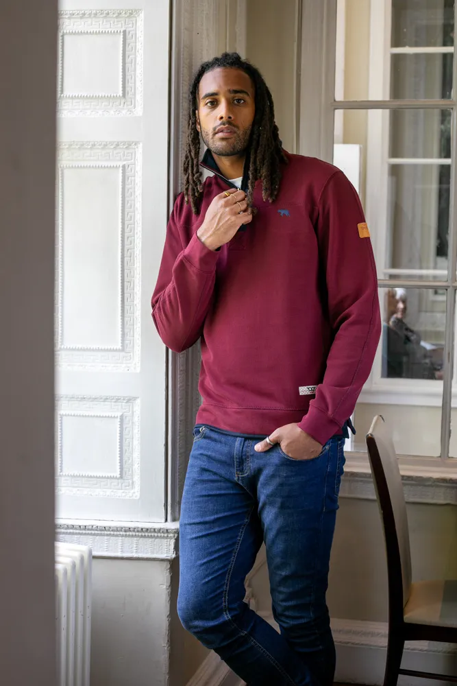 D555 Mens Burgundy Pique Fleece Sweatshirt With 1/4 Zip (HIRALDO)