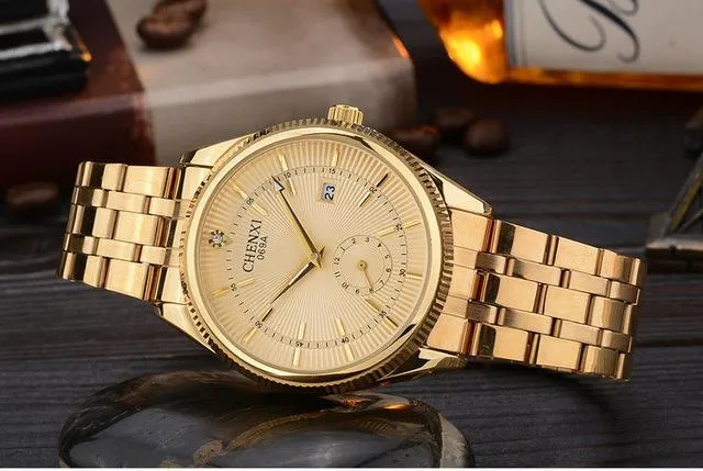 Hot Selling Gold Water Resistant Quartz Wristwatches with Calendar for Men