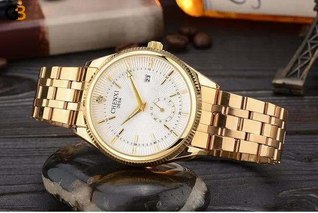 Hot Selling Gold Water Resistant Quartz Wristwatches with Calendar for Men