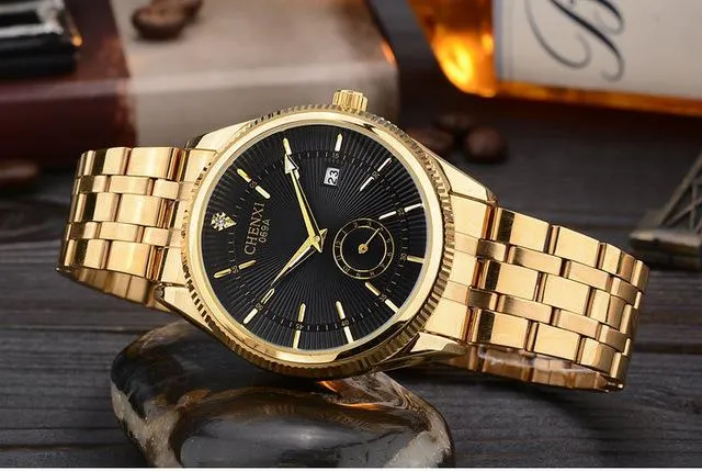 Hot Selling Gold Water Resistant Quartz Wristwatches with Calendar for Men