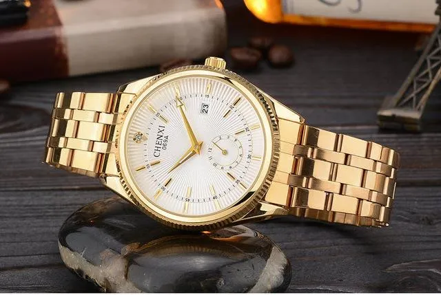 Hot Selling Gold Water Resistant Quartz Wristwatches with Calendar for Men