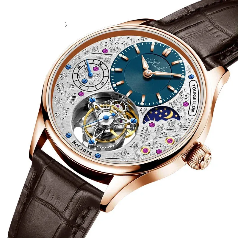 Manual Skeleton Tourbillon Movement Rotating Sapphire Mechanical Watch for Men