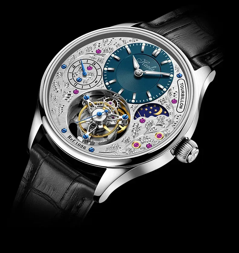 Manual Skeleton Tourbillon Movement Rotating Sapphire Mechanical Watch for Men