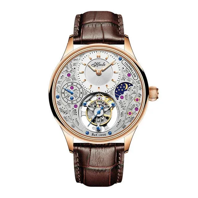 Manual Skeleton Tourbillon Movement Rotating Sapphire Mechanical Watch for Men