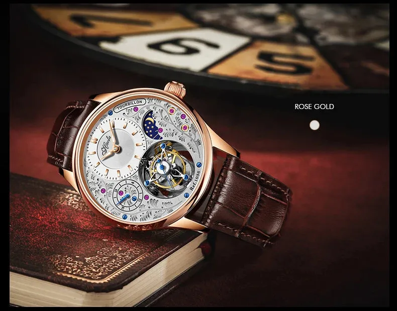 Manual Skeleton Tourbillon Movement Rotating Sapphire Mechanical Watch for Men