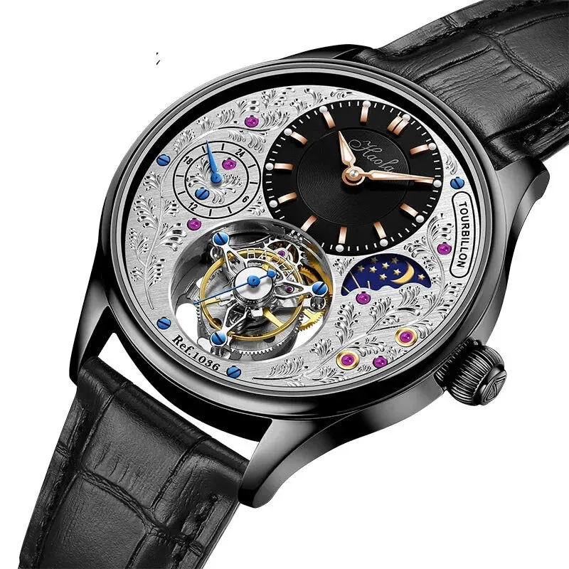 Manual Skeleton Tourbillon Movement Rotating Sapphire Mechanical Watch for Men