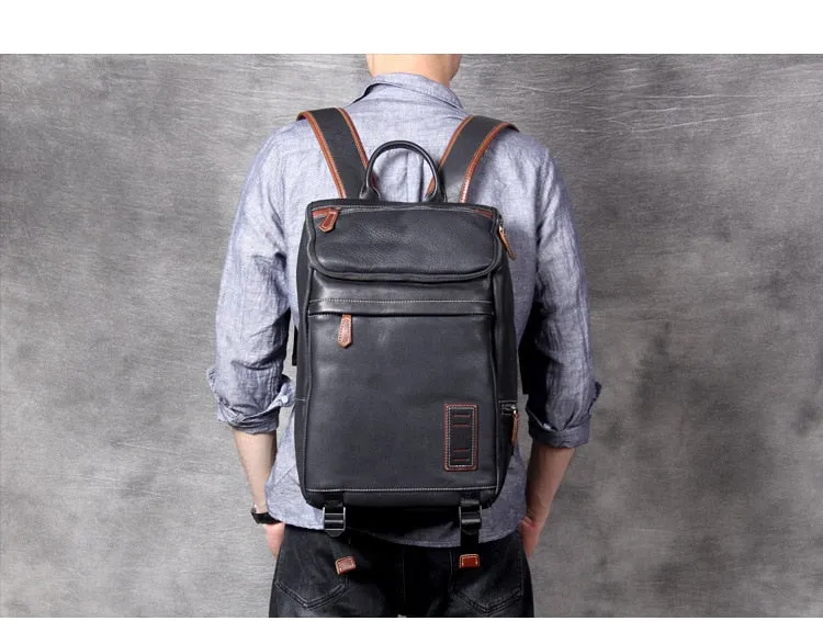 Retro Cow Leather Large Capacity Laptop School Backpacks for Men