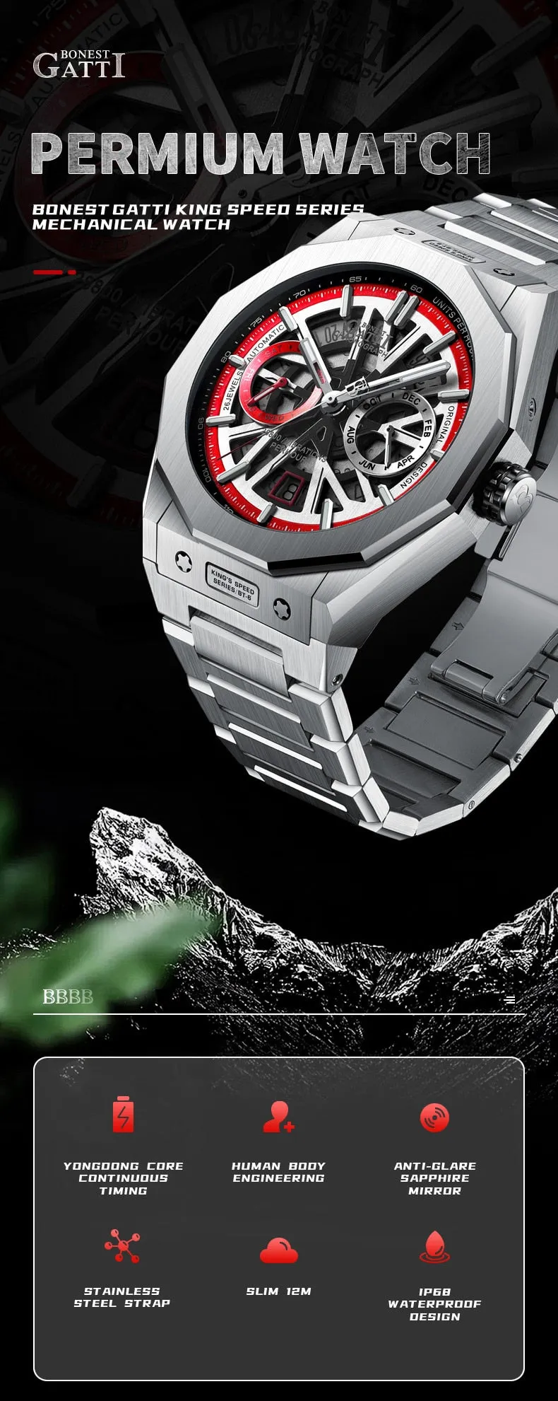 Stainless Steel Waterproof Automatic Mechanical Wristwatch for Men