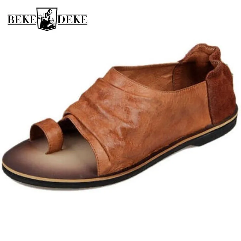 Summer England Style Vintage Genuine Leather Roman Sandals for Men