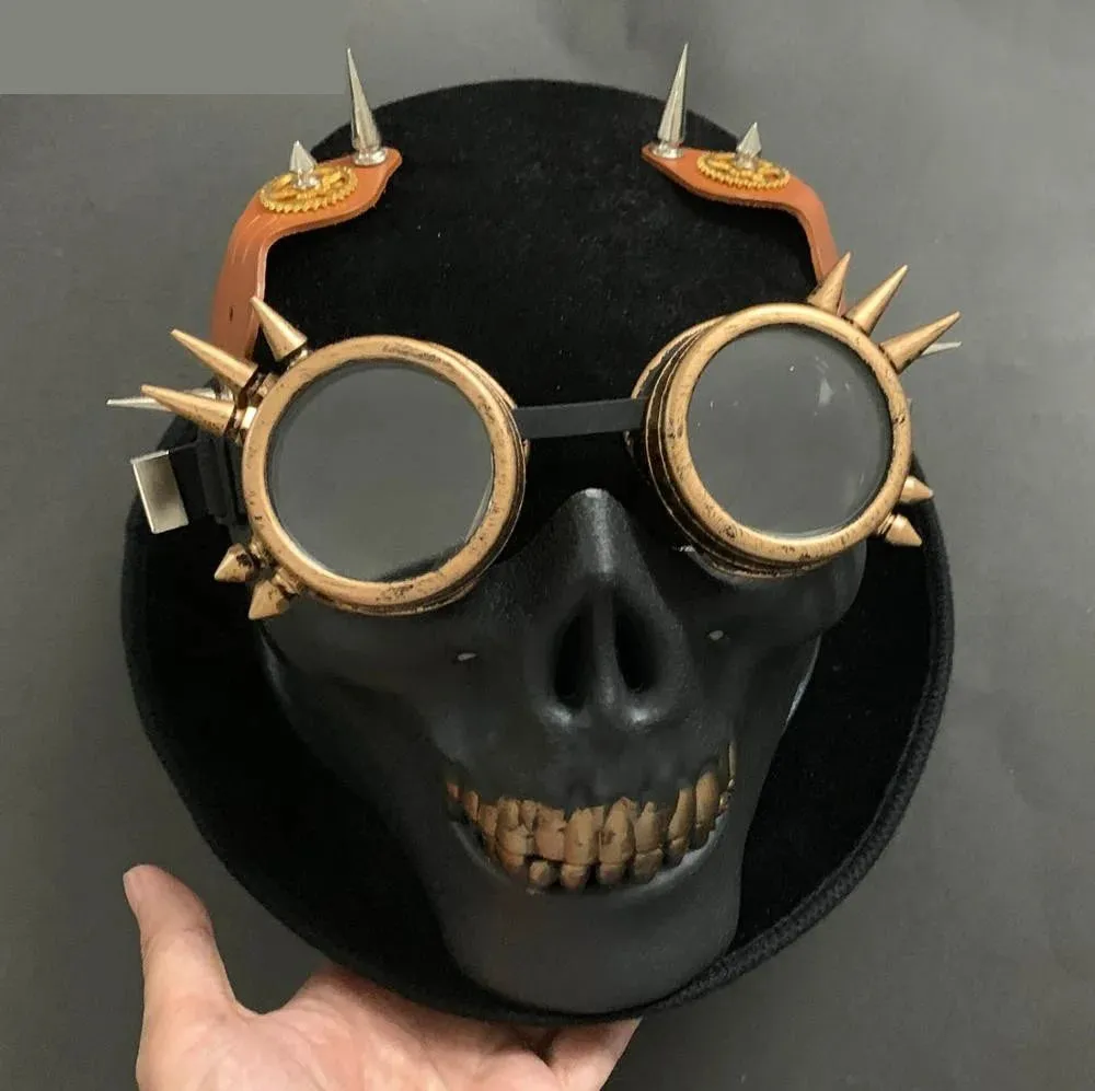 Vintage Punk Gothic Leather Goggles Skull Party Top Hat for Men