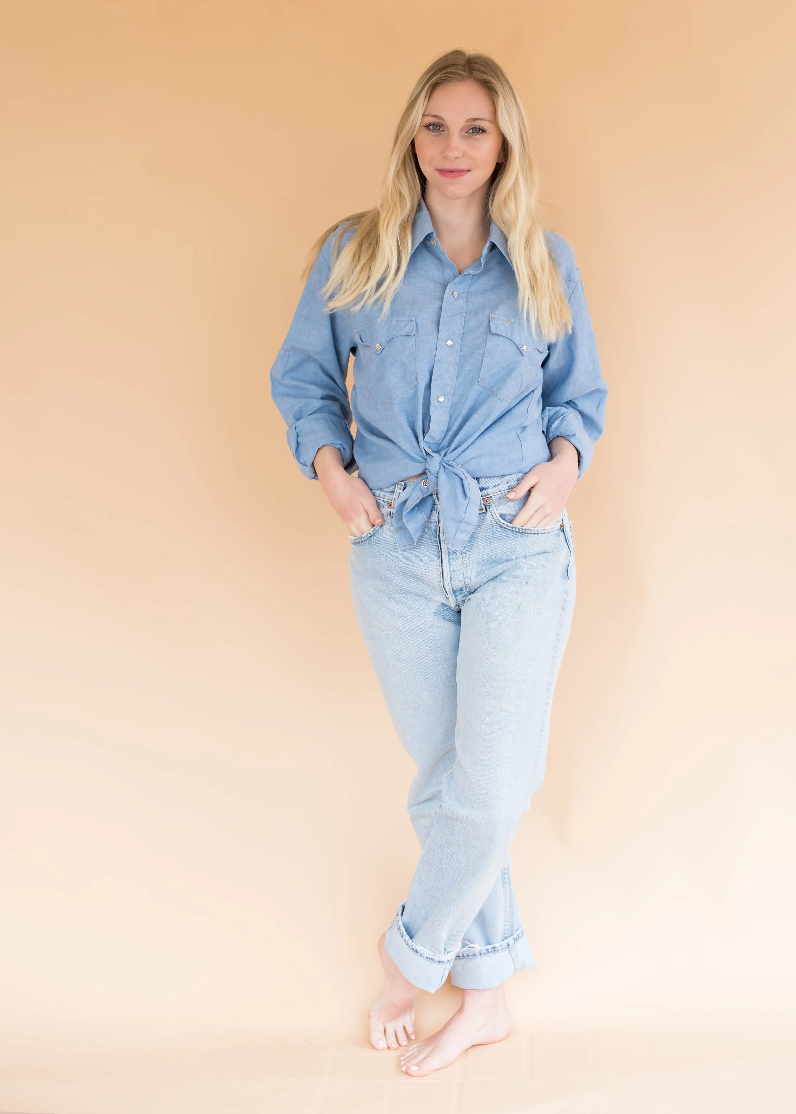 Women’s Vintage Chambray Shirt with Pearl Snap Buttons